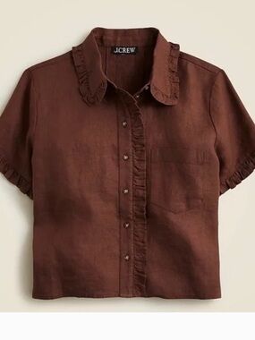 J. Crew Brown Ruffle-Trim Short Sleeve Linen Shirt